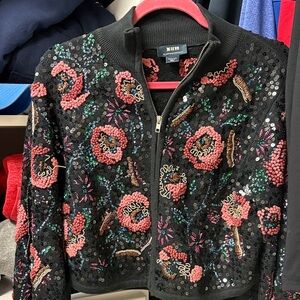 Maje Black Bomber Jacket with Pink Floral Beading